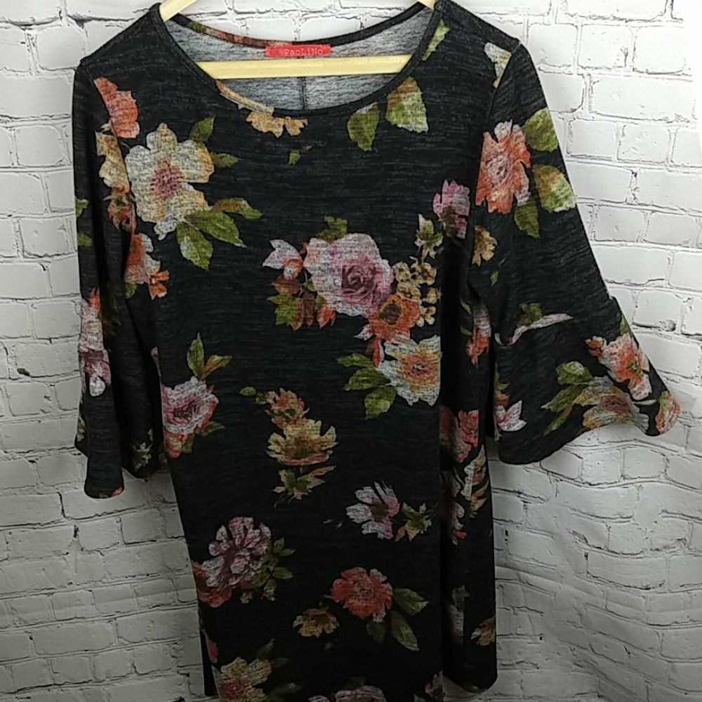 Paolino Floral Knit Dress Bell Sleeve Scoop Neck